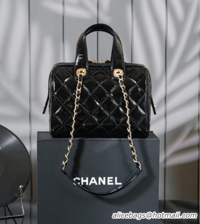Luxury Discount Chanel Patent Calfskin Bowling Bag 0328 Black 2025