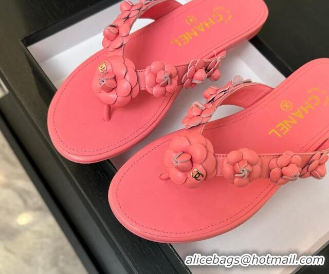 Top Design Chanel Lambskin Flat Thong Slide Sandals with Camellia Bloom Pink 2025 CH030304