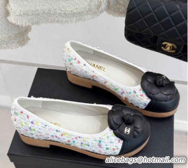 Unique Style Chanel Tweed & Wood-Like Loafers 4cm with Camellia Bloom White/Multicolor 2025 CH030305