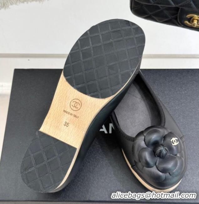 Best Price Chanel Calfskin & Wood-Like Loafers 4cm with Camellia Bloom Black2 2025 CH030305