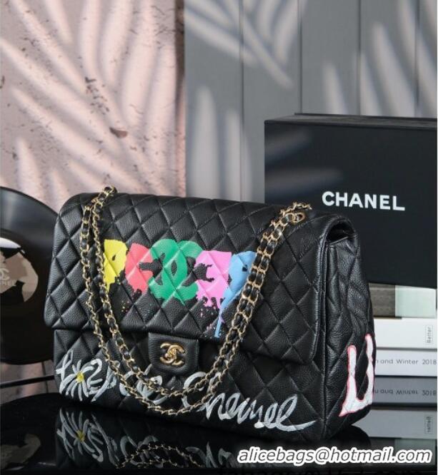 Well Crafted Chanel XXL Airline Travel Flap Bag in Graffiti Grained Calfskin Leather 28005 Black 2025