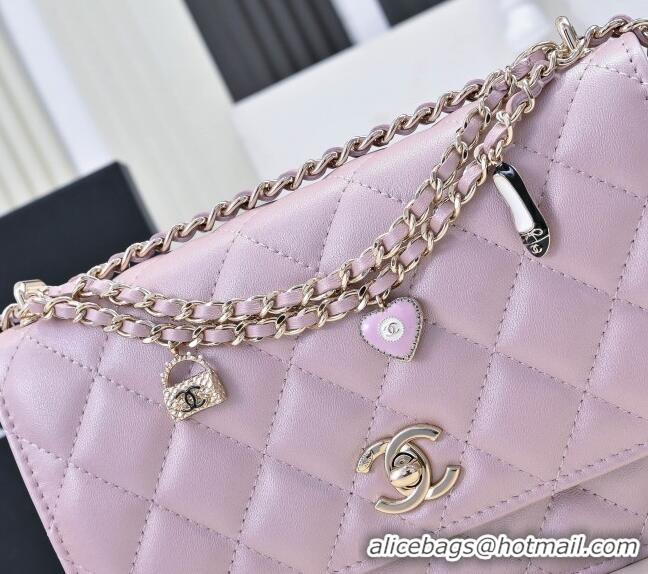 Promotional Chanel Pearly Lambskin Wallet on Chain with Heart Chain AP4537 Pink Purple 2025
