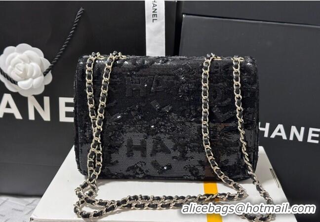 Affordable Price Chanel Sequins Mini Flap Bag with Letters 0328 Black 2025