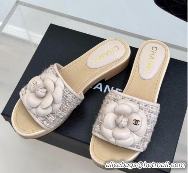 Durable Chanel Calfskin & Wood-Like Platform Slides Sandal 4cm with Camellia Bloom Pale Pink 2025 CH030305