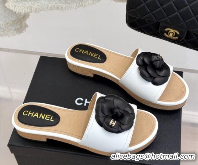 Stylish Chanel Tweed & Wood-Like Platform Slides Sandal 4cm with Camellia Bloom White 2025 CH030305
