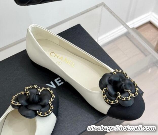 Best Product Chanel Lambskin Ballet Flats with Camellia Bloom and Chain White 2025 CH030306