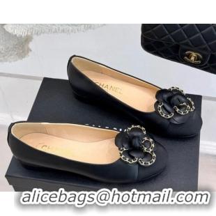 Luxury Cheap Chanel Lambskin Ballet Flats with Camellia Bloom and Chain Black 2025 CH030306