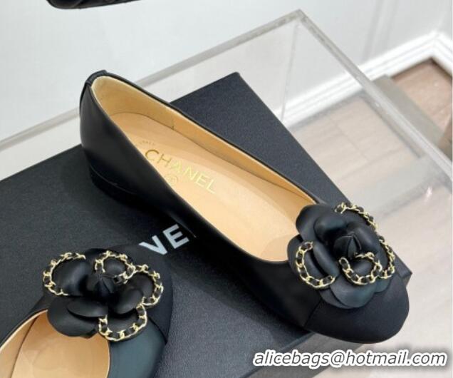Luxury Cheap Chanel Lambskin Ballet Flats with Camellia Bloom and Chain Black 2025 CH030306