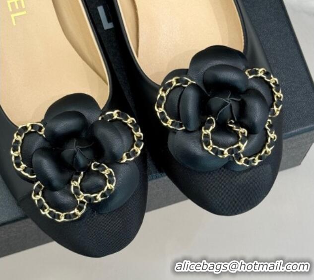 Luxury Cheap Chanel Lambskin Ballet Flats with Camellia Bloom and Chain Black 2025 CH030306