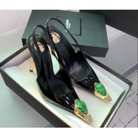 Hot Style Saint Laurent Patent Leather High Heel Slingback Pumps 10.5cm with Jewel Stones Black/Green 1226110