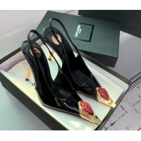 Sumptuous Saint Laurent Patent Leather High Heel Slingback Pumps 10.5cm with Jewel Stones Black/Red 1226111