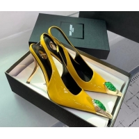 Charming Saint Laurent Patent Leather High Heel Slingback Pumps 10.5cm with Jewel Stones Yellow 1226112