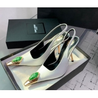 Good Product Saint Laurent Patent Leather High Heel Slingback Pumps 10.5cm with Jewel Stones White 1226113