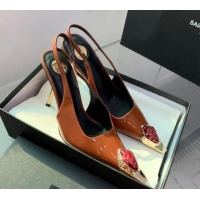 Good Quality Saint Laurent Patent Leather High Heel Slingback Pumps 10.5cm with Jewel Stones Orange 1226114