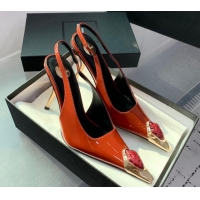 Trendy Design Saint Laurent Patent Leather High Heel Slingback Pumps 10.5cm with Jewel Stones Orange Red 1226115