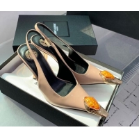 Grade Saint Laurent Patent Leather High Heel Slingback Pumps 10.5cm with Jewel Stones Nude Pink 1226116