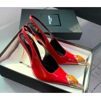 Stylish Saint Laurent Patent Leather High Heel Slingback Pumps 10.5cm with Jewel Stones Red 1226117