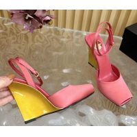 Grade Quality Saint Laurent La Scandale Open Toe Wedge Sandals 11cm in Satin Light Pink 0225067