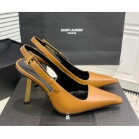 Low Cost Saint Laurent Lee Slingback Pumps 11cm with Buckle in Shiny Leather Light Brown 0225074