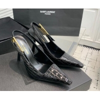 Pretty Style Saint Laurent Lee Slingback Pumps 11cm with Buckle in Stone Embossed Leather Black 0225075