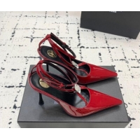 Popular Style Saint Laurent Harlow Pointed Toe Heel Sandals 10cm in Patent Leather with Strass Red 0225082