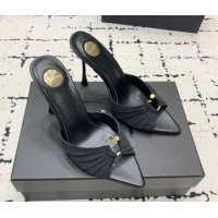 Unique Style Saint Laurent Nail Fabric Heeled Slides Sandal 10cm Black 0225089