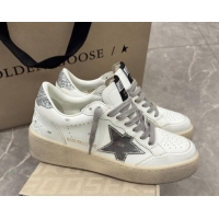 Shop Duplicate Golden Goose Women's Ball Star 2 Sneakers with silver leather star and silver glitter heel tab 0221012