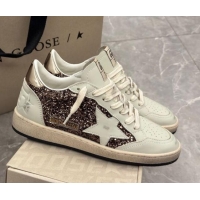 Classic Hot Golden Goose Women's Ball Star Sneakers in glitter with white leather star and metallic leather heel tab 022