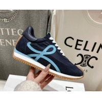 Shop Duplicate Loewe Flow Runner Sneakers in calfskin, nylon and suede Dark Blue 0221040