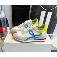 Stylish Loewe Flow Runner Sneakers in calfskin, nylon and suede White/Green 0221054