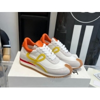 Luxury Cheap Loewe Flow Runner Sneakers in calfskin, nylon and suede White/Orange 0221074