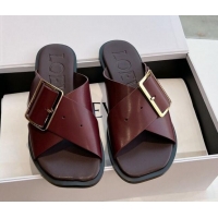 Buy Luxury Loewe Campo Calfskin Flat Slides Sandal with Buckle Strap Dark Burgundy 0221078