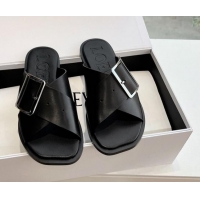 Top Grade Loewe Campo Calfskin Flat Slides Sandal with Buckle Strap Black 0221079