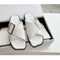 Unique Style Loewe Campo Calfskin Flat Slides Sandal with Buckle Strap White 0221080