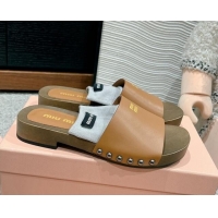 Best Product Miu Miu Socks Calf Leather Slides Sandal Brown 1228015