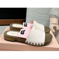 Good Product Miu Miu Socks Patent Leather Slides Sandal White/Pink 1228017