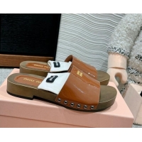 Charming Miu Miu Socks Patent Leather Slides Sandal Brown 1228022