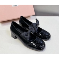 Sophisticated Miu Miu Openwork Patent Leather Mary Janes Pumps 3.5cm with Bow Black 1228033