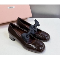 Discount Miu Miu Openwork Patent Leather Mary Janes Pumps 3.5cm with Bow Dark Brown 1228034