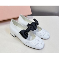 Best Grade Miu Miu Openwork Patent Leather Mary Janes Pumps 3.5cm with Bow White 1228038