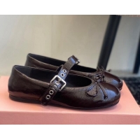 Original Cheap Miu Miu Patent Leather Ballerinas Flat with Bow and Buckle Dark Brown 1228046