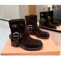 Grade Quality Miu Miu Suede Ankle Boots with Buckle Strap Dark Brown 1228062