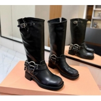 Low Price Miu Miu Bleached Leather High Boots with Buckle Strap Black 1228064