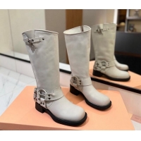 Unique Style Miu Miu Bleached Leather High Boots with Buckle Strap White 1228065