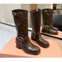 Good Quality Miu Miu Bleached Leather High Boots with Buckle Strap Dark Brown 1228066