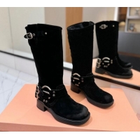 Good Looking Miu Miu Suede High Boots with Buckle Strap Black 1228068