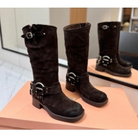 Pretty Style Miu Miu Suede High Boots with Buckle Strap Dark Brown 1228069