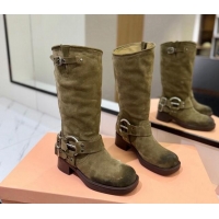 Most Popular Miu Miu Suede High Boots with Buckle Strap Green 1228070