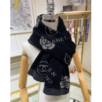 New Design Chanel Camellia Bloom Cashmere Long Scarf 62x195 CH102115 Black/Gold 2024