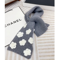 Promotional Chanel Wool Cashmere Knit Long Scarf 21x95cm with Camellia Bloom 1128 Grey 2024